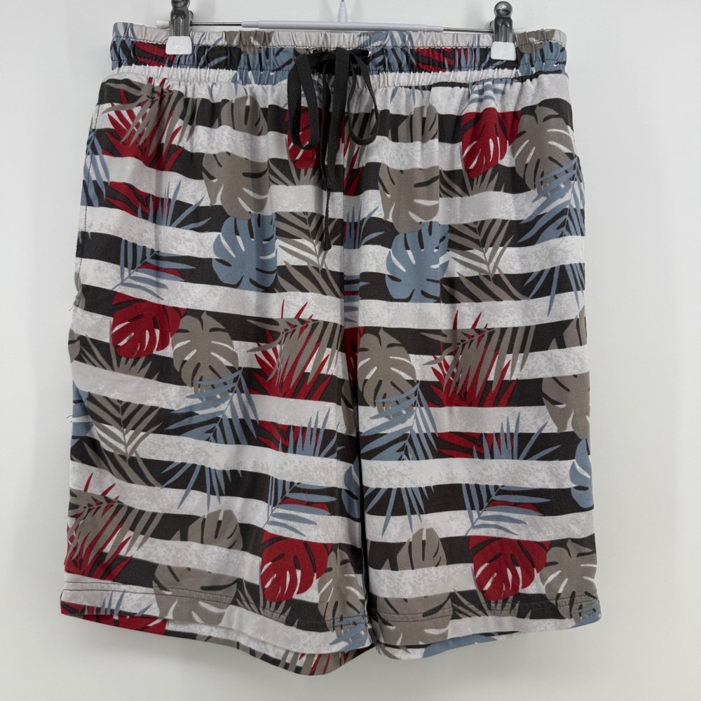 Ande Mens Tropical Leaf Striped Lounge Shorts Black White Red Small